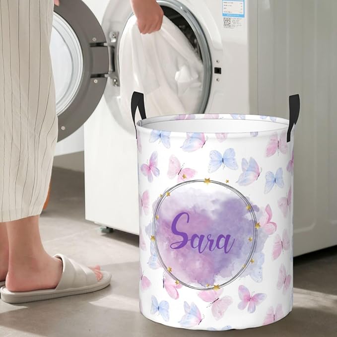 Personalized Laundry Basket for Nursery, Custom Nursery Laundry Hamper with Name, Customize Baby Clothes Circular Hamper for Boys Girls Room Decor, Colorful Butterfly
