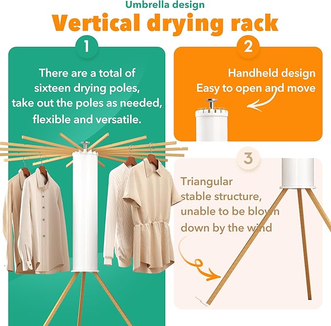 Tripod Clothes Drying Rack, Laundry Drying Rack for Clothing, Foldable Collapsible Space-Saving Umbrella Dryer with 16 Rods, Floor Standing Rack for Indoor Outdoor Use, Wooden