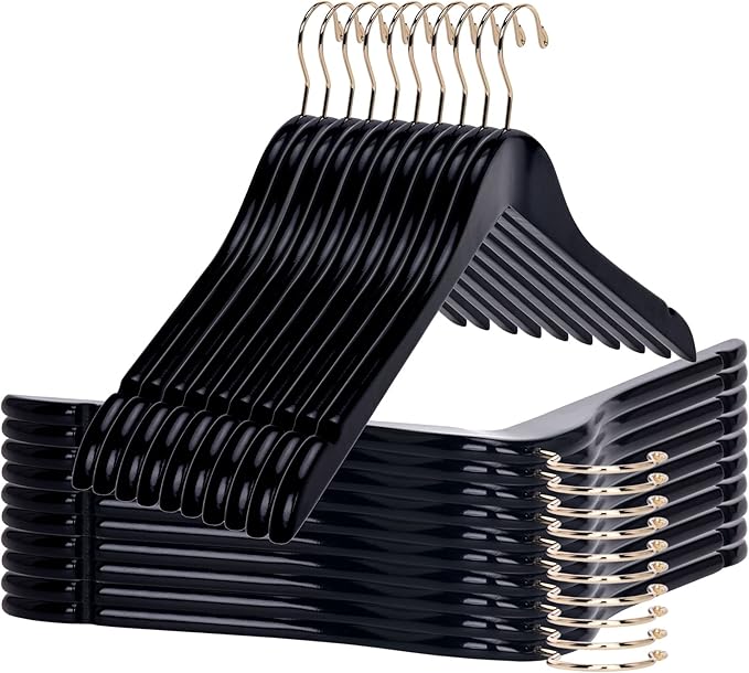 Quality Black Semi Curved Wooden Suit Hangers, 20-Pack Smooth Finish Solid Wood Coat Hanger with Swivel Hook, Jacket, Pant, Dress Clothes Hangers (Black - Gold Hook, 20)