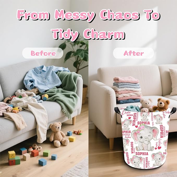 Personalized Laundry Hamper Custom Kids Dirty Clothes Hamper with Name Storage Basket for Bathroom Bedrooms Nursery for Baby Girls Boys Adults (Style-Pink Elephant)