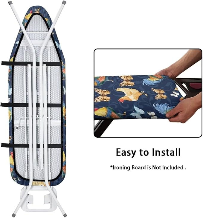 GLENLCWE Rooster Butterfly Ironing Board Cover Full Size with Elastic Edge and Hook and Loop,Standard Size 54x15 inches Iron Board Cover Easy Install
