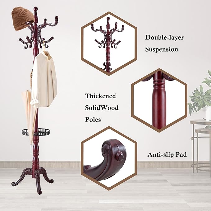 Coat Rack Stand, Solid Wooden Coat Tree with 14 Hooks, Heavy Duty Coat Rack Freestanding with Sturdy Triangle Base, Natural Birch Wood Coat Hanger Stand for Entryway Bedroom (Reddish-brown H12)