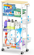 7.8 Inch Ultra-Slim 4-Tier Rolling Storage Cart with Adjustable Shelves - Lockable Wheels & Wooden Top for Narrow Spaces Between Washer/Dryer, Bathroom, Kitchen Organization (White)