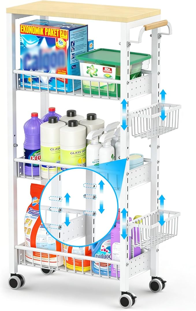 7.8 Inch Ultra-Slim 4-Tier Rolling Storage Cart with Adjustable Shelves - Lockable Wheels & Wooden Top for Narrow Spaces Between Washer/Dryer, Bathroom, Kitchen Organization (White)