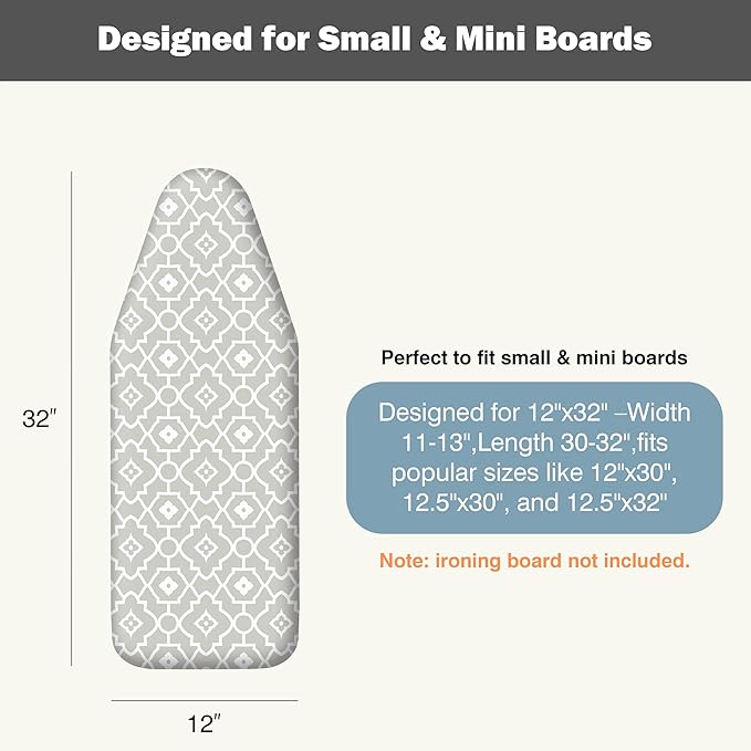 Small Ironing Board Cover and Pad 12"x32" Small Iron Board Cover with Padding,Tabletop Mini Ironing Board Cover and Pad Small Size, Cotton Canvas, Heat Resistant, Drawstring Closure Geometric