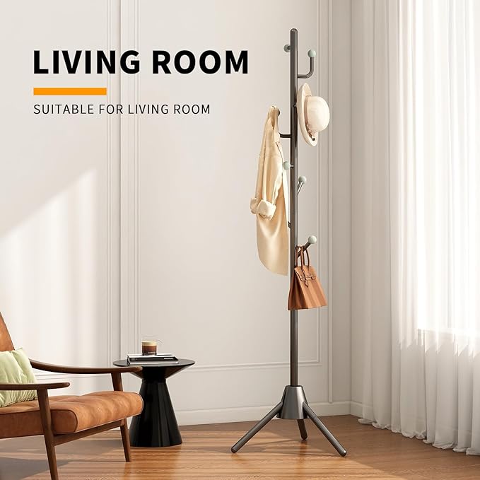 Anti-Tip Coat Rack with 8LB Weighted Base, Heavy Duty Metal Coat Rack Freestanding with 8 Hooks, 3 Adjustable Height Sturdy Clothes Rack Space Saving Organizer Stand for Entryway, Bedroom, Office