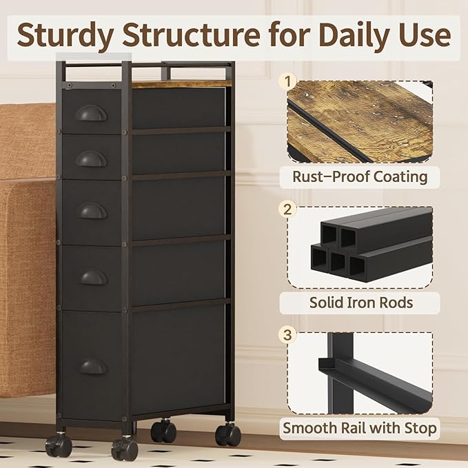 LASZOLA 5 Drawer Narrow Dresser Slim Cabinet Skinny Storage Tower Chest, Ideal for Small Spaces Bathroom Bedroom, Between Washer and Dryer, Lightweight Mobile on Wheels, Sturdy Fabric Drawers, Black