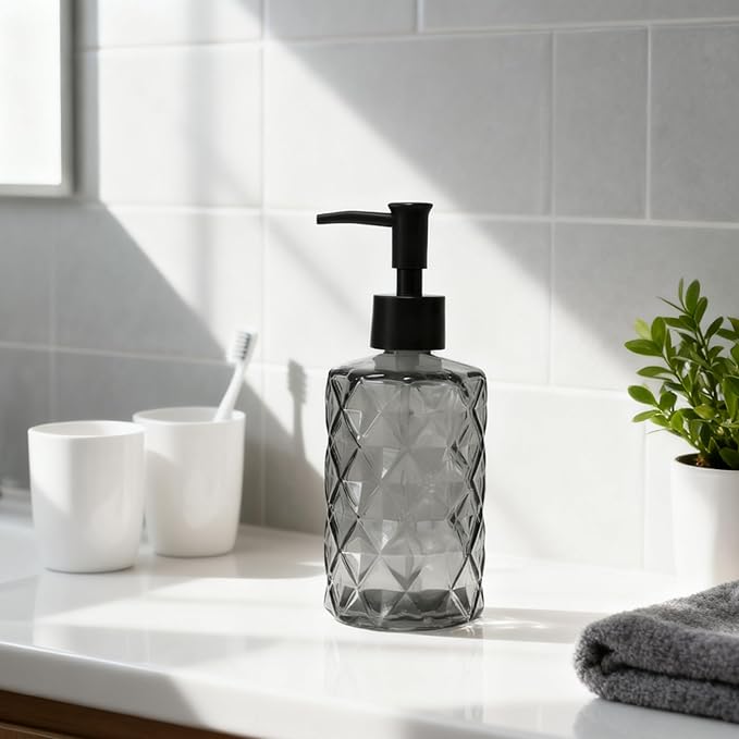 Glass Soap Dispenser with Black Plastic Pump, 12oz Refillable Liquid Hand Soap Dispenser, 2 Pack Crystal Lotion Bottle for Modern Home Decor, Bathroom, Kitchen, Vanity Countertop, Hotel (Black
