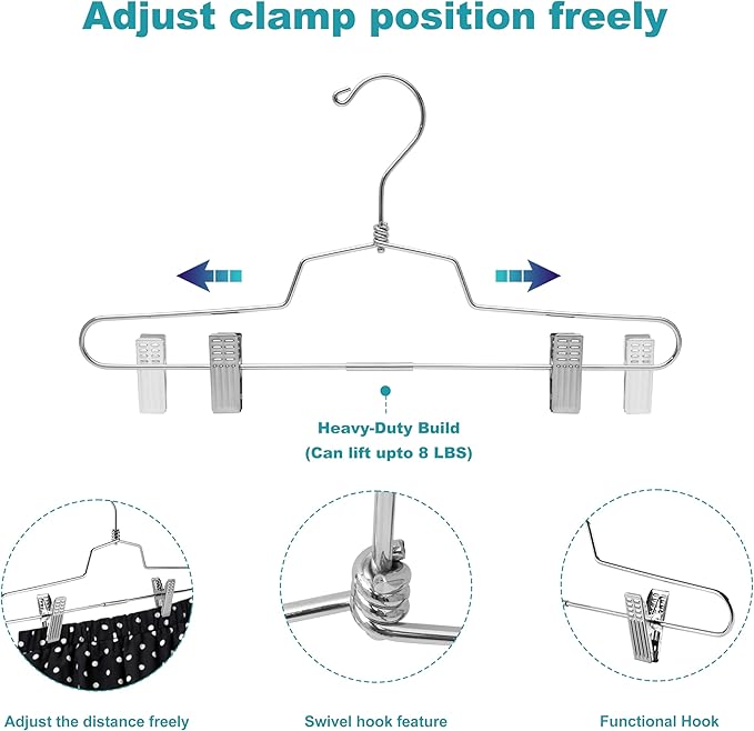 Quality Metal Skirt Hangers with Clips Space Saving - Pant Hangers with Clips & 360° Swivel Hook - Anti-Rust, Heavy-Duty Stainless Steel Hangers for Shorts, Jeans, Trousers, and More (10, 14 inch)
