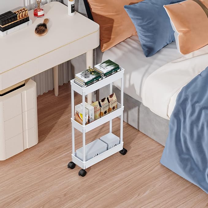 Sooyee 3 Tier Rolling Cart with Wheels,Slim Storage Cart,Under Desk Narrow Rolling Utility Cart Storage Organizer for Office Bathroom Kitchen Laundry Room Narrow Places, White