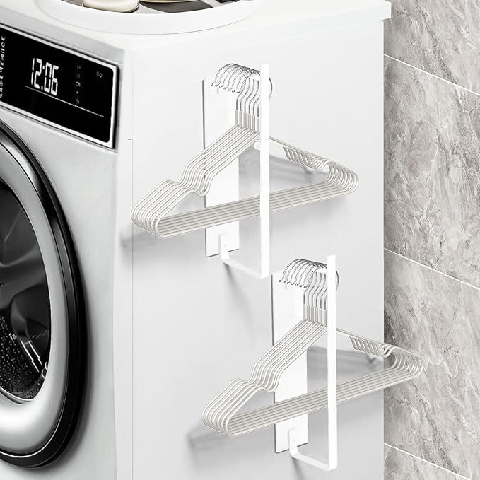 2 Pack Magnetic Hanger Holder for Laundry Room, Space-Saving Hanger Organizer for Washing Machine Dryer, Holding up to 40 Velvet Wire Plastic Hangers (2, White)