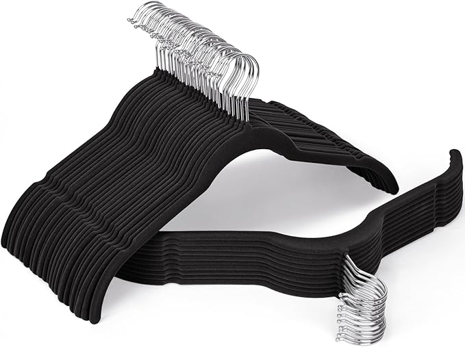Black Velvet Hangers 50 Pack, Non-Slip Felt Hangers with Shoulder Notches, Slim Space Saving Clothes Hangers with 360°Swivel Hook for Shirts Heavy Coats Clothes Dresses Closet (Black)