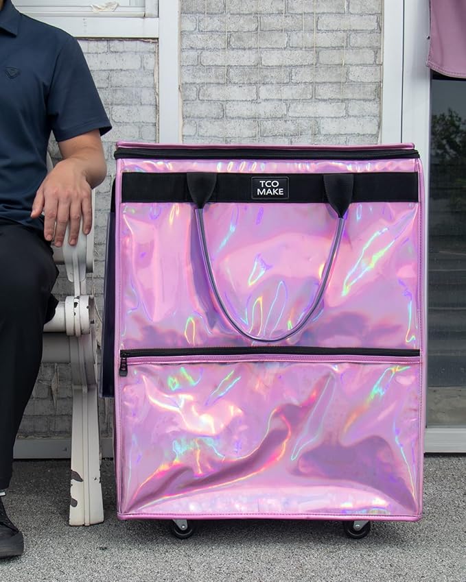 (Large, Phantom Pink) Reusable Grocery Bag on Wheels, Shopping Bags with Wheels and Handle, Folding Rolling Tote, Zipper Cover, Carries Up to 76 LBS, for Laundry, Picnic