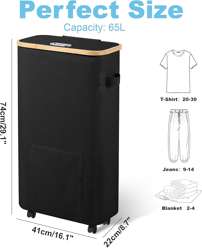 Laundry Basket with Wheels, Tall Dirty Clothes Hamper on Wheels, Rolling Laundry Hamper with lid for Dorm, Bedroom and Bathroom