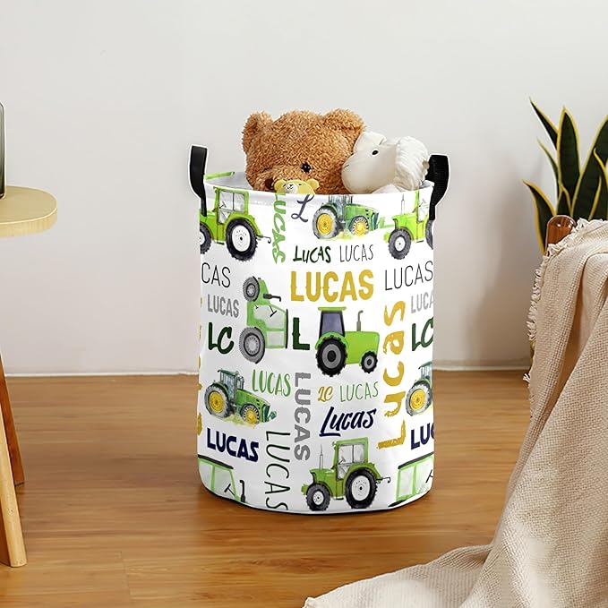 Truck Custom Name Laundry Hamper, Personalized Dirty Clothes Hamper Storage Basket with Name for Bathroom Bedrooms, Customized Name Circular Hamper with Handles for Baby Boys Girls Men Women