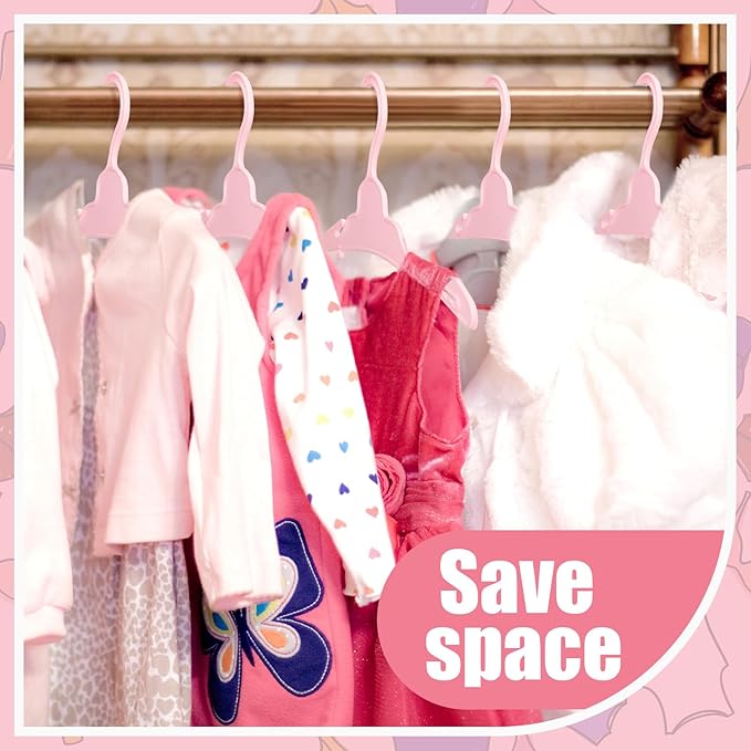 Soulchen 100 Pcs Doll Clothes Hangers for 18 Inch Dolls, Plastic Clothes Hangers with Non-Slip Clips, Space-Saving Wardrobe Accessories for Gown Dress Outfit (Pink)