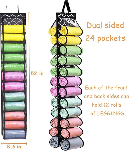 Legging Storage Bag Storage Hanger Can Holds 24 Leggings or Shirts Jeans Compartment Storage Hanger, Foldable Leggings Organizer Clothes Portable Closets Roll Holder(Color-DL)