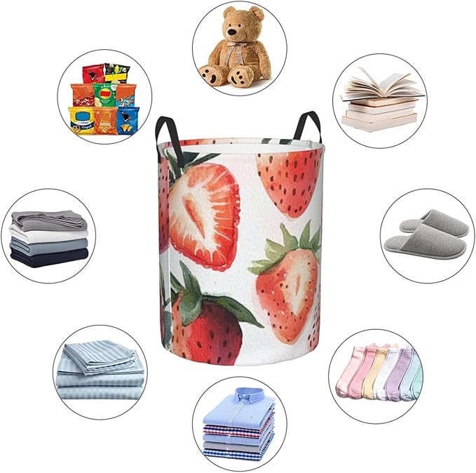 Pink Strawberry Print Laundry Basket For Storage Bins Gift Baskets Bedroom Clothes Hamper