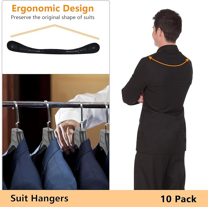 DEDU Suit Hangers for Men 10 Pack, Sweater Hangers No Shoulder Bump Non Slip Width 17.7", Plastic Clothes Hangers Black with Metal Hook