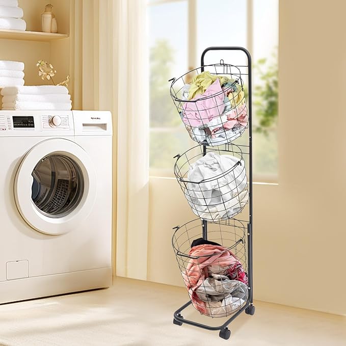 3-layer Standing Clothing Sorting Laundry Basket,Dirty Clothes Basket Rack with Wheels, Durable Removable Iron Wire Metal Classification Storage Rack for Sort and Store Dirty Towels, Bedding, Black
