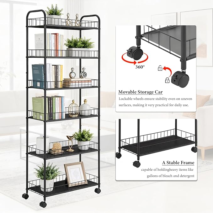 6 Tier Slim Rolling Storage Cart, Mobile Shelving Unit with Wheels, Metal Wire Storage Rack with Baskets for Kitchen Bathroom Office Laundry Narrow Piaces (10in Rolling Cart)
