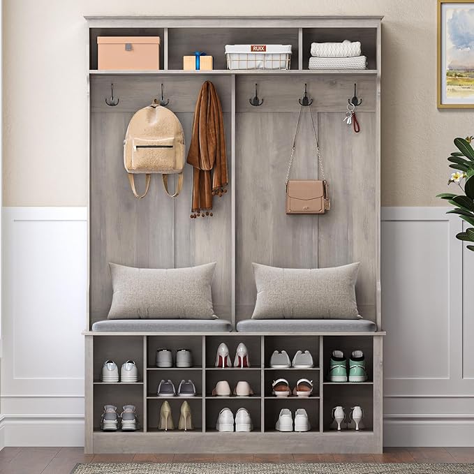 Hall Tree with Bench and Shoe Storage, 53" Farmhouse 4-in-1 Mudroom Storage Organizer with Coat Rack, 6 Hooks, 12 Shoe Cubbies, Adjustable Shelf, for Entryway, Hallway, Living Room, Grey