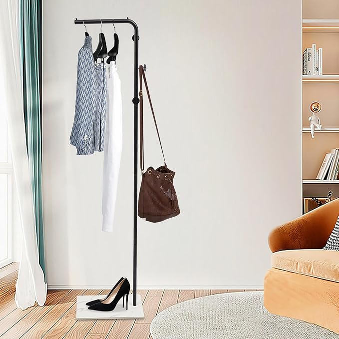 67in-Black Clothing Rack with Storage Base and Hooks, Freestanding Coat Rack Hanging Clothes, Bags, Hat and Shoes for Entryway Bedroom Garment Organizer Clothing Stores Boutique Retail