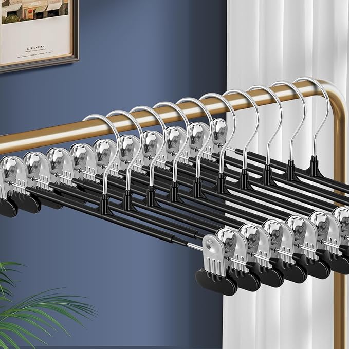14Inch Clothes Pants Hangers with Wide Clips 20 Pack,Non-Slip Adjustable Skirt Hanger for Women,Space-Saving Heavy Duty Men Hangers for Pants,Trousers,Jeans,Shorts,Black