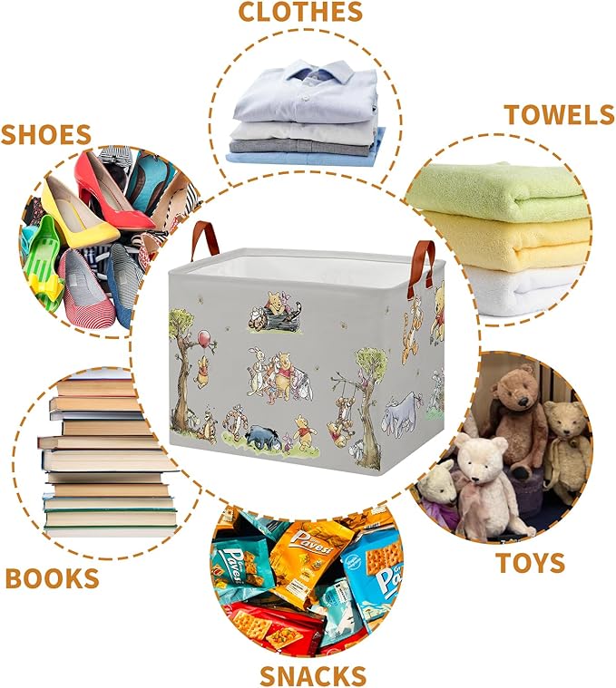 Cute Bear Nursery Storage Basket With Hard Bottom,Classic Bear Decorative Storage Hamper With Waterproof PE Coating,Large Square Canvas Cotton Laundry Bin for Baby Stuff,Diaper Bag