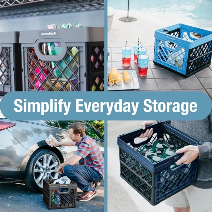 CleverMade Collapsible Milk Crate 25L (6.6 Gal), 50 lb Heavy Duty Folding Crate – Stackable Storage Crates with File Rails, Plastic Collapsible Crates for Storage - Obsidian