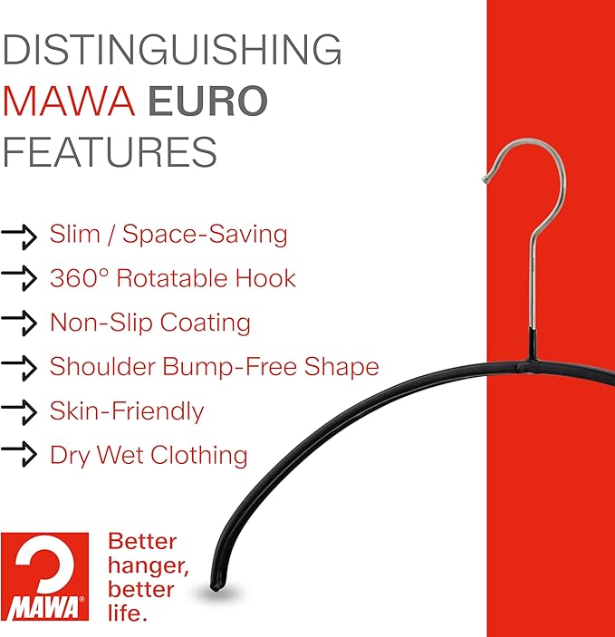 MAWA Euro Series Non-Slip Space Saving Clothes Hanger, Set of 10, White Style 40/P, (14138)