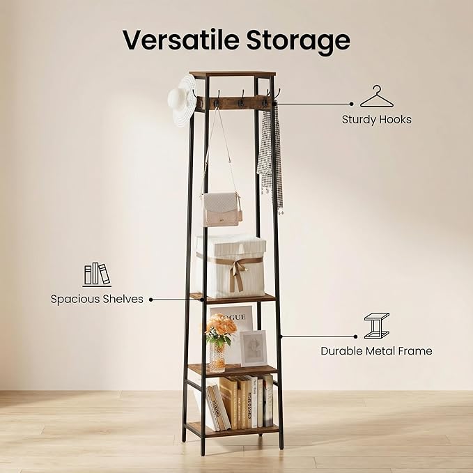 Coat Rack Freestanding, Coat Stand with 3 Shelves and 7 Hooks, Hall Tree Free Standing, Clothes Rack Stand Organizer, Industrial Style, Rustic Brown and Black