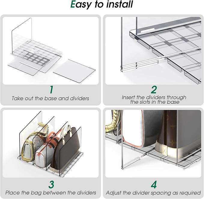 Purse Organizer for Closet，2-Pack 8 Clear Adjustable Acrylic Shelf Dividers for Closet Organization，Handbag Storage Organizer, Purse Separators Holder for Home Kitchen, Office