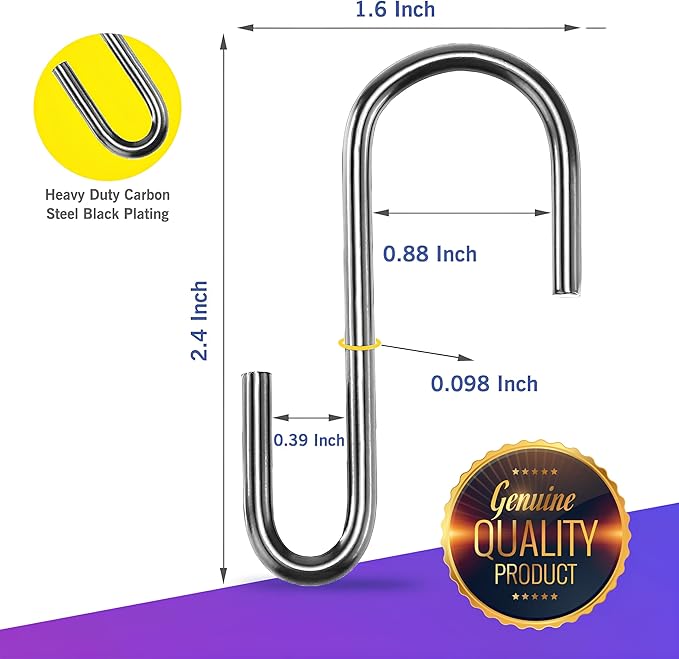 20-Pack Silver S Hooks for Hanging 2.4 Inch – Small S Hooks Carbon Steel Hangers for Jeans, Kitchen Pot & Plant Hanging – Lightweight 0.88 Inch Opening Holder for Wire Shelving, Towel & Purse