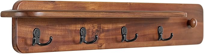 Alaterre Furniture Coat Rack with Shelf - Calais Collection Wall Mount Shelf with 4 Coat Hooks and Peg - Acacia Wood Wall Hangers (Warm Chestnut)