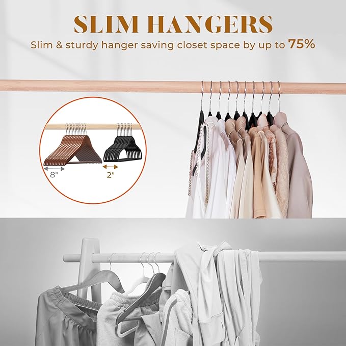 HOUSE DAY Velvet Hangers 20 Pack, Non-Slip Hangers with Tie Bar, Premium Standard Clothes Hanger Slim Felt Hanger 360° Swivel Hook for Closet Organized Storage，Elegance Black 72g/Pc