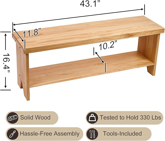 43" Solid Wood Farmhouse Bench, Entryway Bench with Storage Shelf, Narrow Rustic Indoor Bench for Bedroom, Entryway, Hallway, Dining