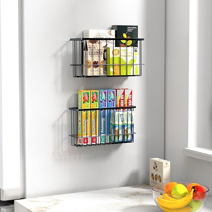 NiHome Magnetic Metal Basket Organizers, Dryer Ball Holder, 2PCS Medium & Small, Versatile Storage for Kitchen & Office Holds Up to 14 lbs, Easy Attach to Refrigerator or Any Magnetic Surface(Black)