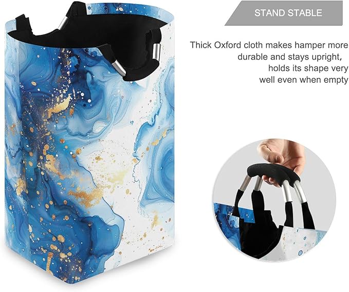 xigua Blue Marble Large Laundry Hamper with Handle, Foldable Clothes Hamper Collapsible Storage Basket for Toys and Clothes Organization in Bedroom, Bathroom, and Laundry Room