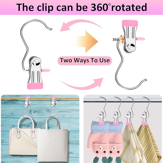 Boot Hangers for Closet,30 Pack Laundry Hooks with Clips,Stainless Steel Boot Hanger Clips,Portable Hangers Single Clip Space Saving Boot Clips for Hanging (Pink)