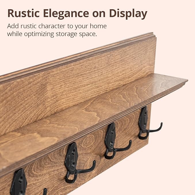 Rustic Wall Mounted Coat Rack with Shelf Wooden Entryway Organizer with 5 Metal Hooks for Coats Hats Towels Keys Floating Storage Shelf for Bathroom Bedroom (Walnut, 40 inch (7 Hooks))