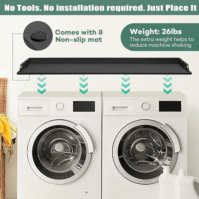 Washer Dryer Countertop 54 x 27.5 MDF Laundry Countertop Topper with Raised Edge, No Install Waterproof Non Slip Washer Dryer Top, Fits Front Load Machines, 200 lb Capacity, Black