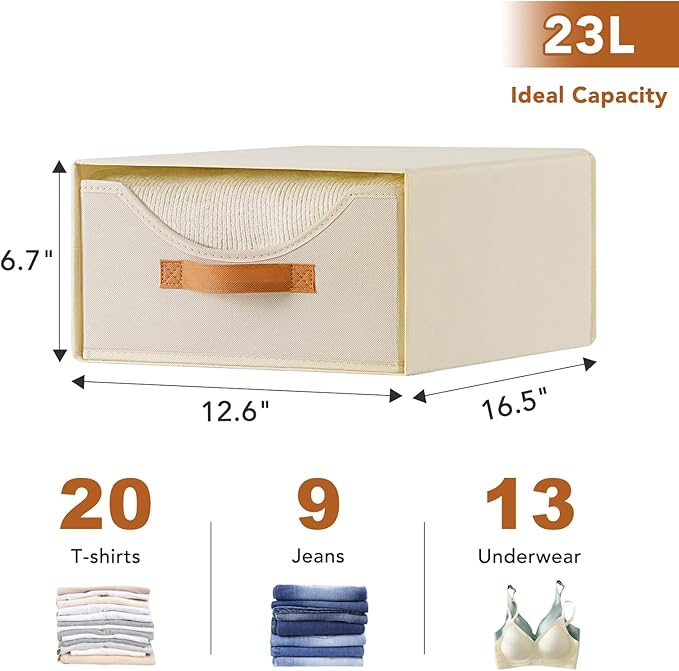 6 Pcs 16.5" Closet Drawers and Large Size Clothes Storage Bins Push-Out Storage Stackable Shelf Drawers with See-Through Window Closet Organizers for Bedroom, Living Room, Under Bed, Beige