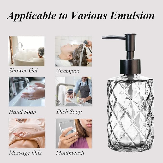 12Oz Small Glass Soap Dispenser with Black Plastic Pump, Clear Refillable Kitchen Countertop Liquid Hand Soap Dispensers with Diamond Design, Crystal Bathroom Lotion Bottle for Dispense Dish Soap