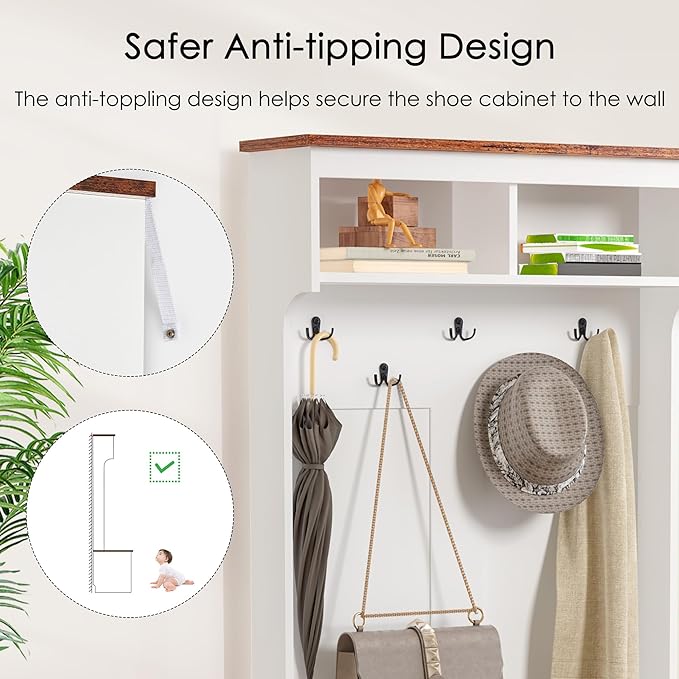 CHANCEE Hall Tree with Bench and Storage, Vintage White Coat Rack with 5 Hooks, 2 Shelves, Cabinet, Space-Saving Entryway Wardrobe Organizer for Bedroom, Hallway, or Mudroom