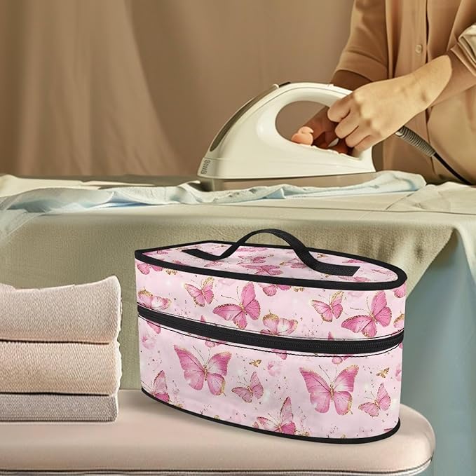 Pink Gold Butterfly Print Print Steam Iron Case Portable Steamer Storage Bag Lightweight Travel Iron Holder Carrying Case Iron Accessories, Case Only
