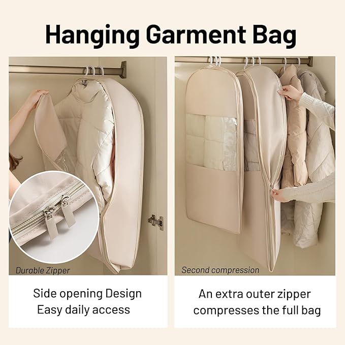 Space Saving Hanging Compression Garment Bag with Zipper for Closet Storage, Hanging Clothes Storage Bag, Garment Covers for Coats and Down Jackets, Beige, M