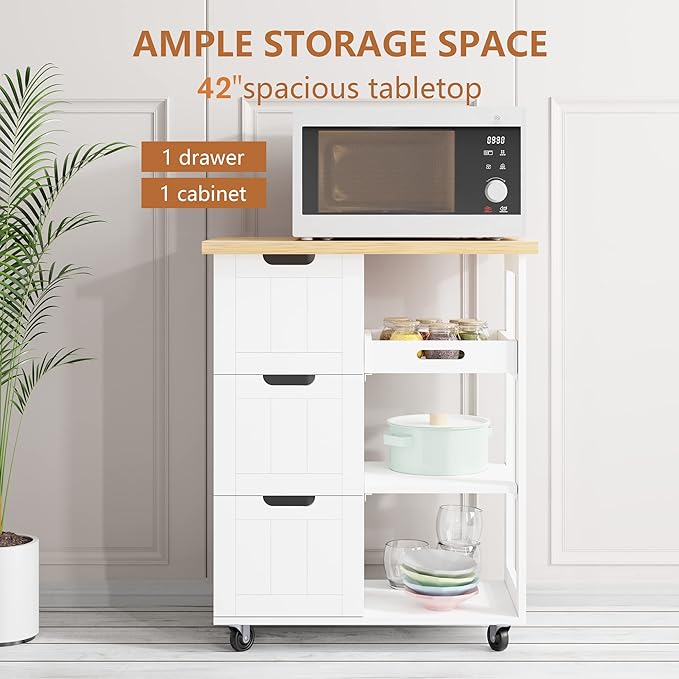 SUNLEI Kitchen Island with Storage Cart Rolling Moveable Microwave Microwave cart with 3 Drawers on Wheels Portable Mobile Narrow Kitchen Island, White