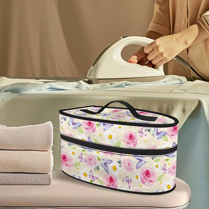 Watercolor Rose Iron Tote Bag Stain Resistant Travel Iron Storage Box Washable Protective Carrying Bag with Handle Compatible with Most Irons