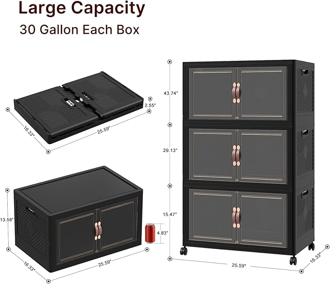 Extra Large Stackable Storage Bins, Lockable Storage Bins with Lids, Folding Storage box with Doors and Wheels, Collapsible Plastic Drawers for Home, Garage, Office (6, Black, Large)